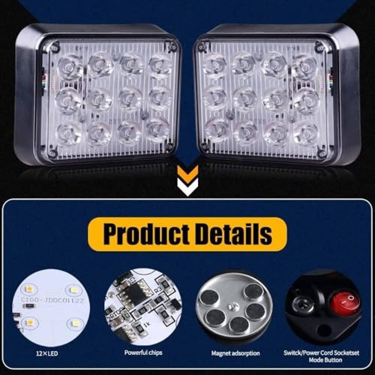 Pair of square LED strobe lights with clear lens and black rubberized housing