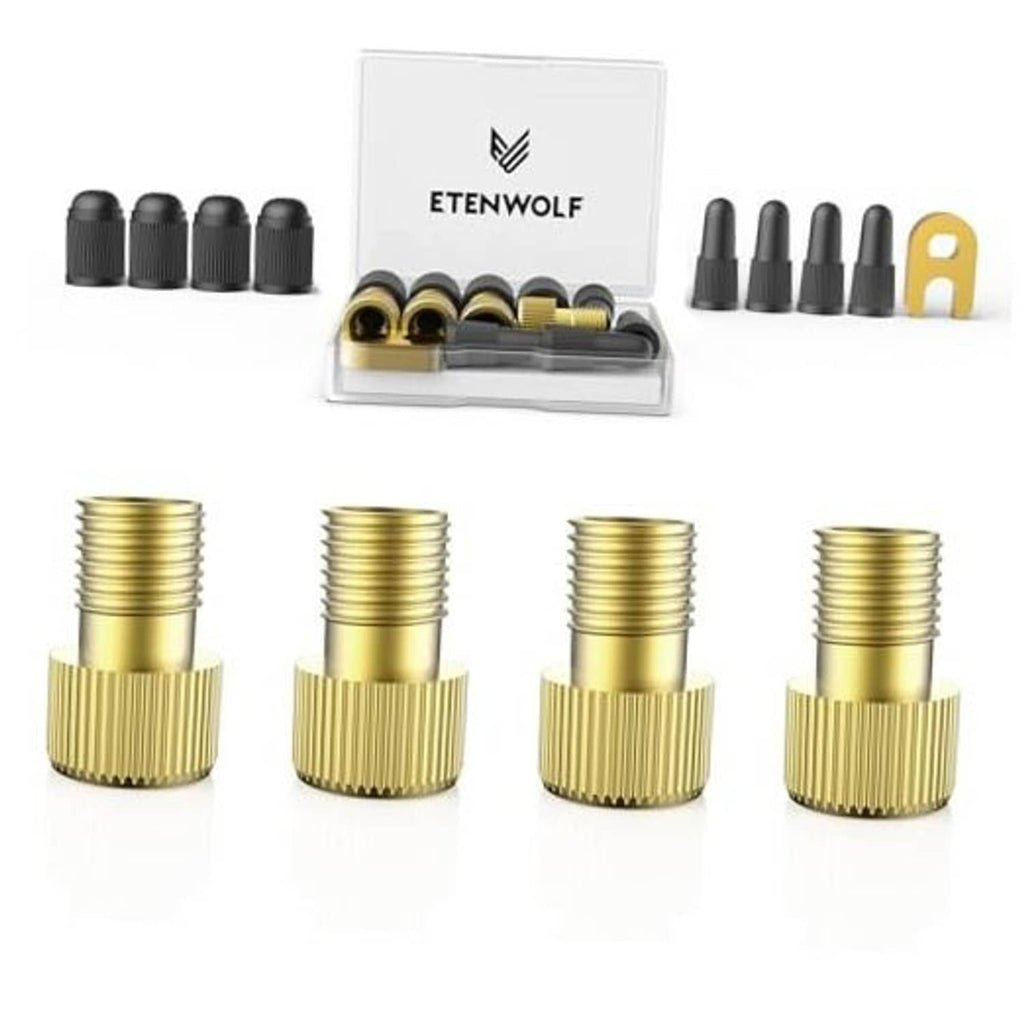 Brass Presta-to-Schrader valve adapter set with four caps and wrench, in clear box.