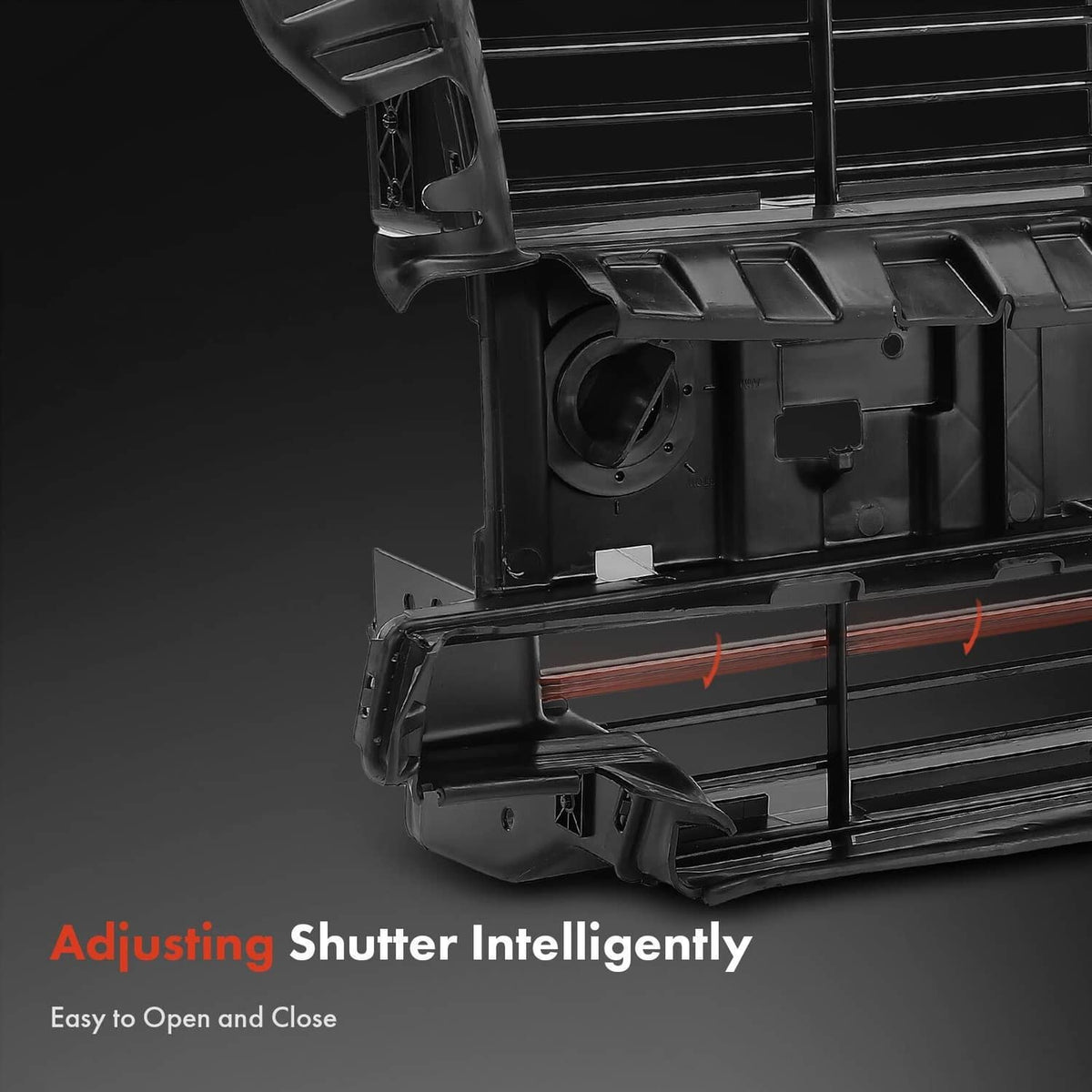 Black active grille shutter assembly showing shutter frame and motor area