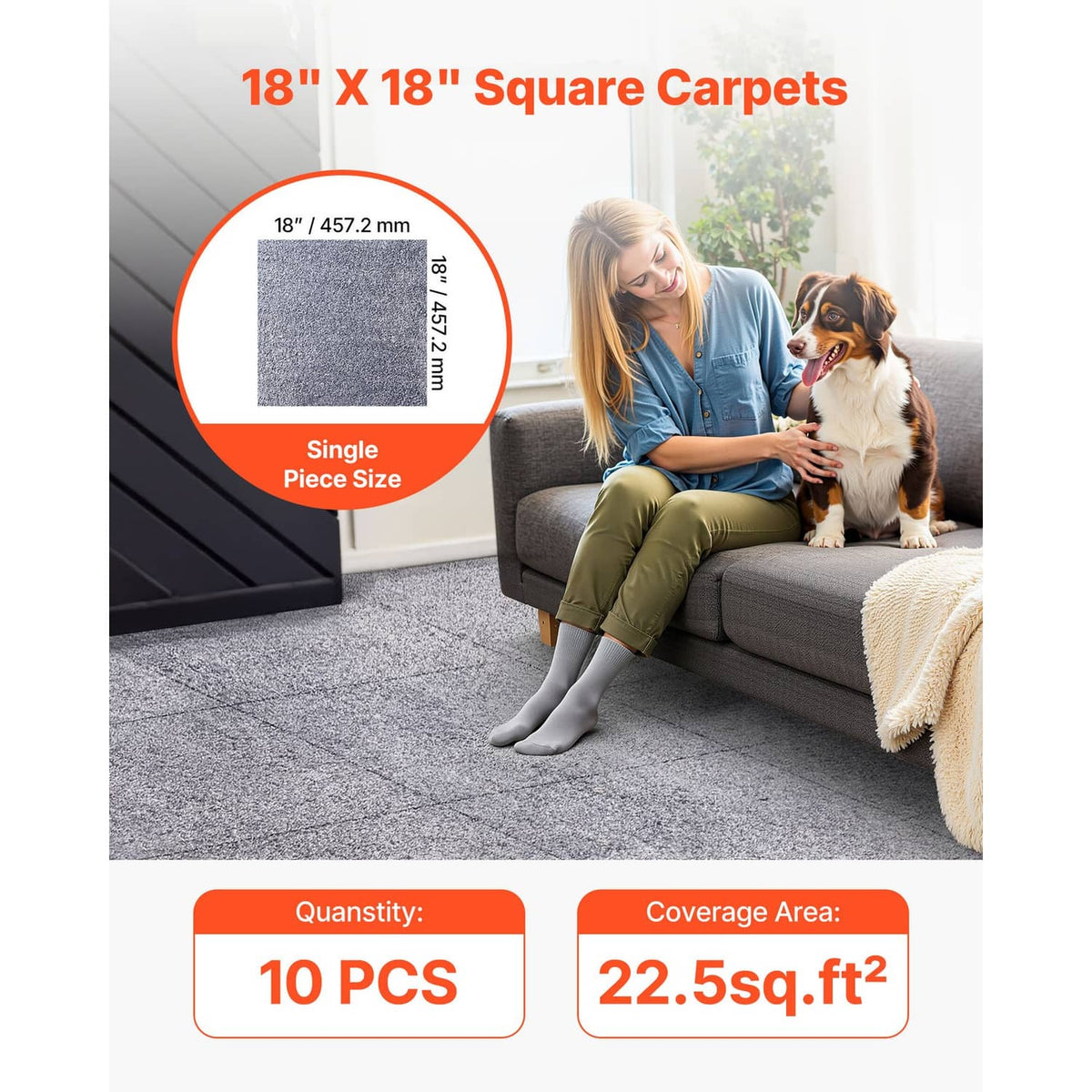 Gray square carpet tiles laid out as a 10-pack, self-adhesive peel-and-stick