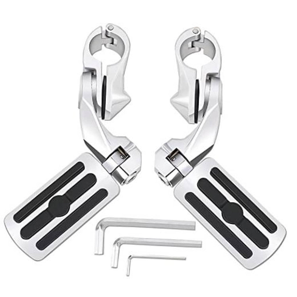 Motorcycle highway pegs set with angled adjustable brackets and black tread foot pads