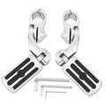 Motorcycle highway pegs set with angled adjustable brackets and black tread foot pads