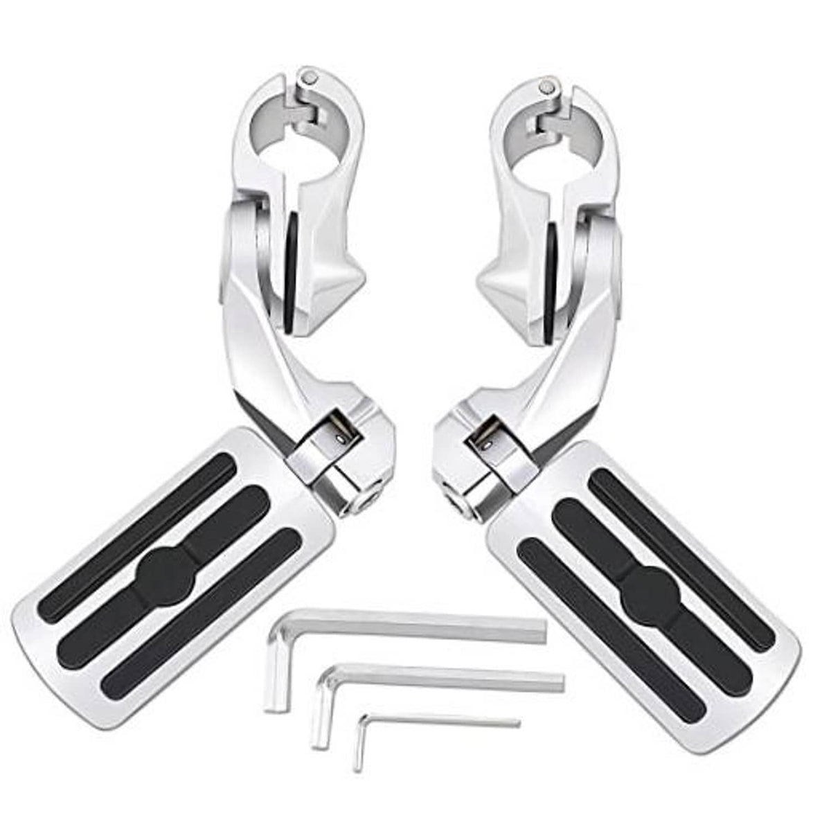 Motorcycle highway pegs set with angled adjustable brackets and black tread foot pads