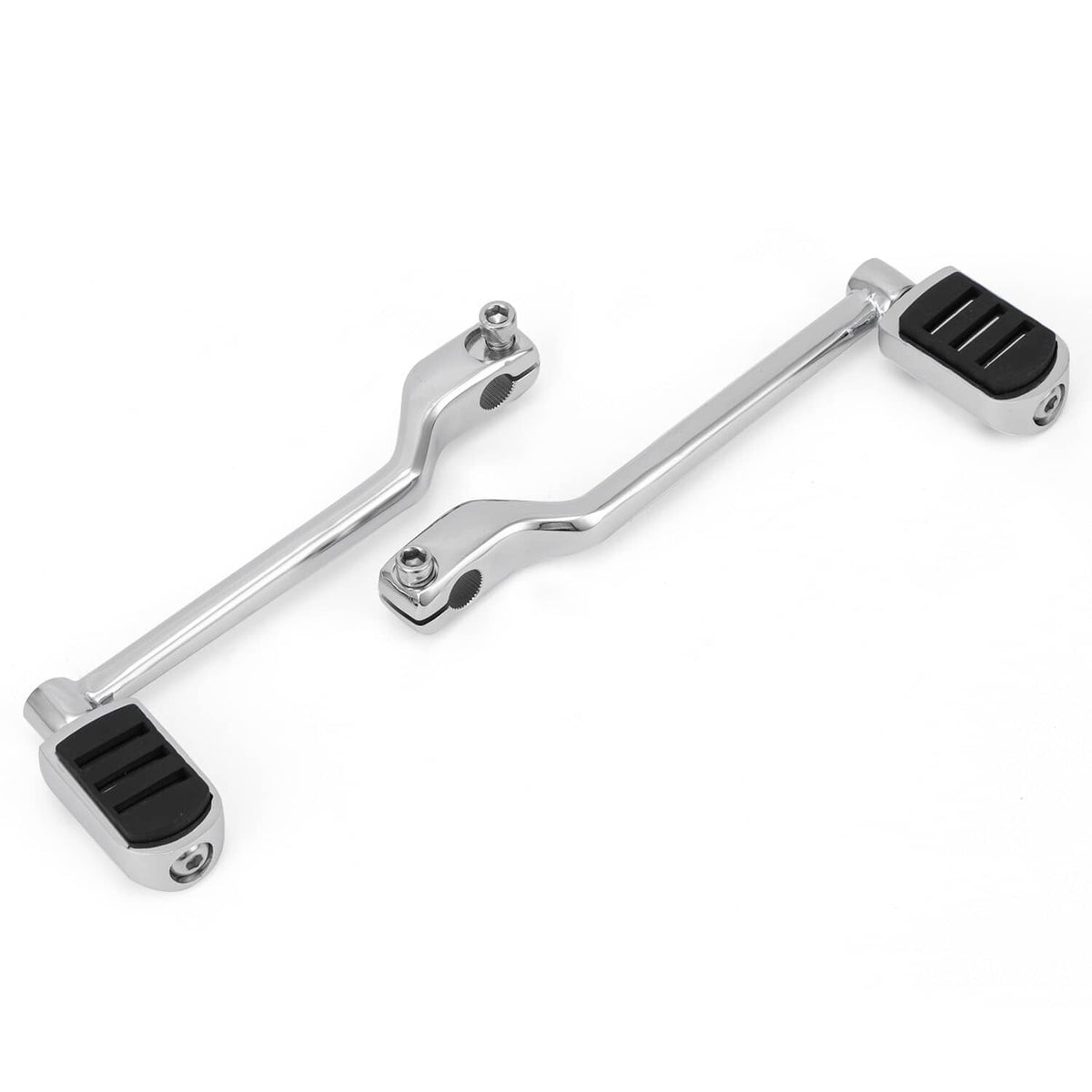 Motorcycle heel-toe shift lever kit with black rubber pedals and polished silver arms