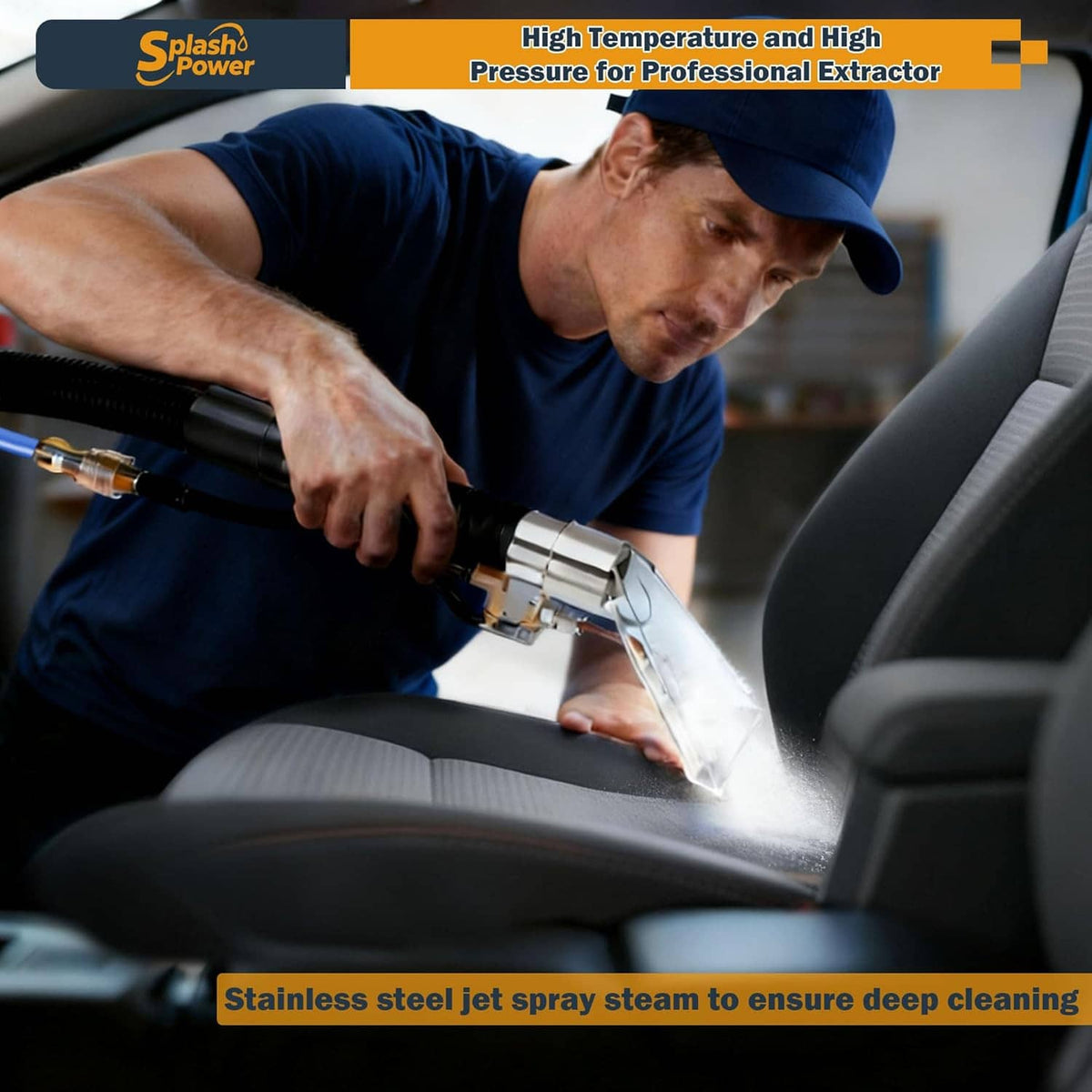 Upholstery extractor wand cleaning a car seat with clear spray head attachment