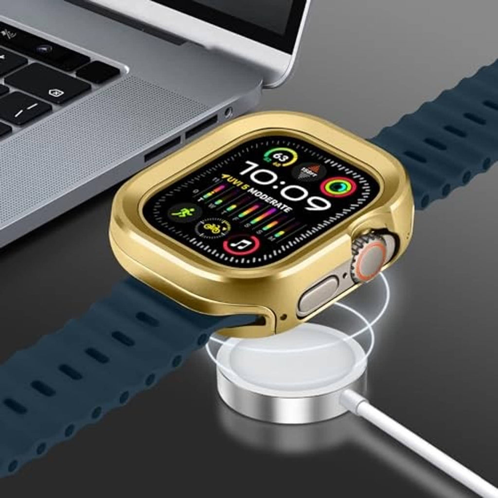 Rose gold metal smartwatch case with raised screen edges and protective frame