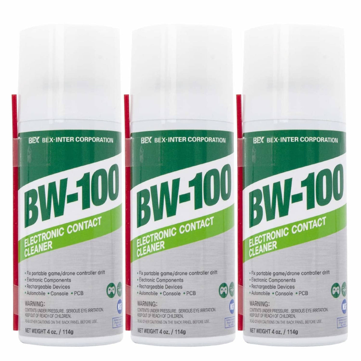 3-pack BW-100 electronic contact cleaner spray bottles, white with green label