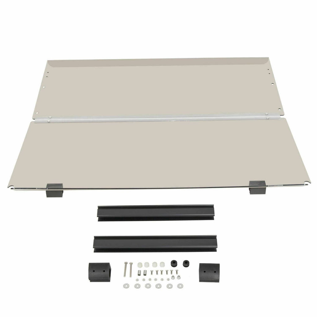 Beige tinted folding golf cart windshield panel kit with mounting brackets and hardware