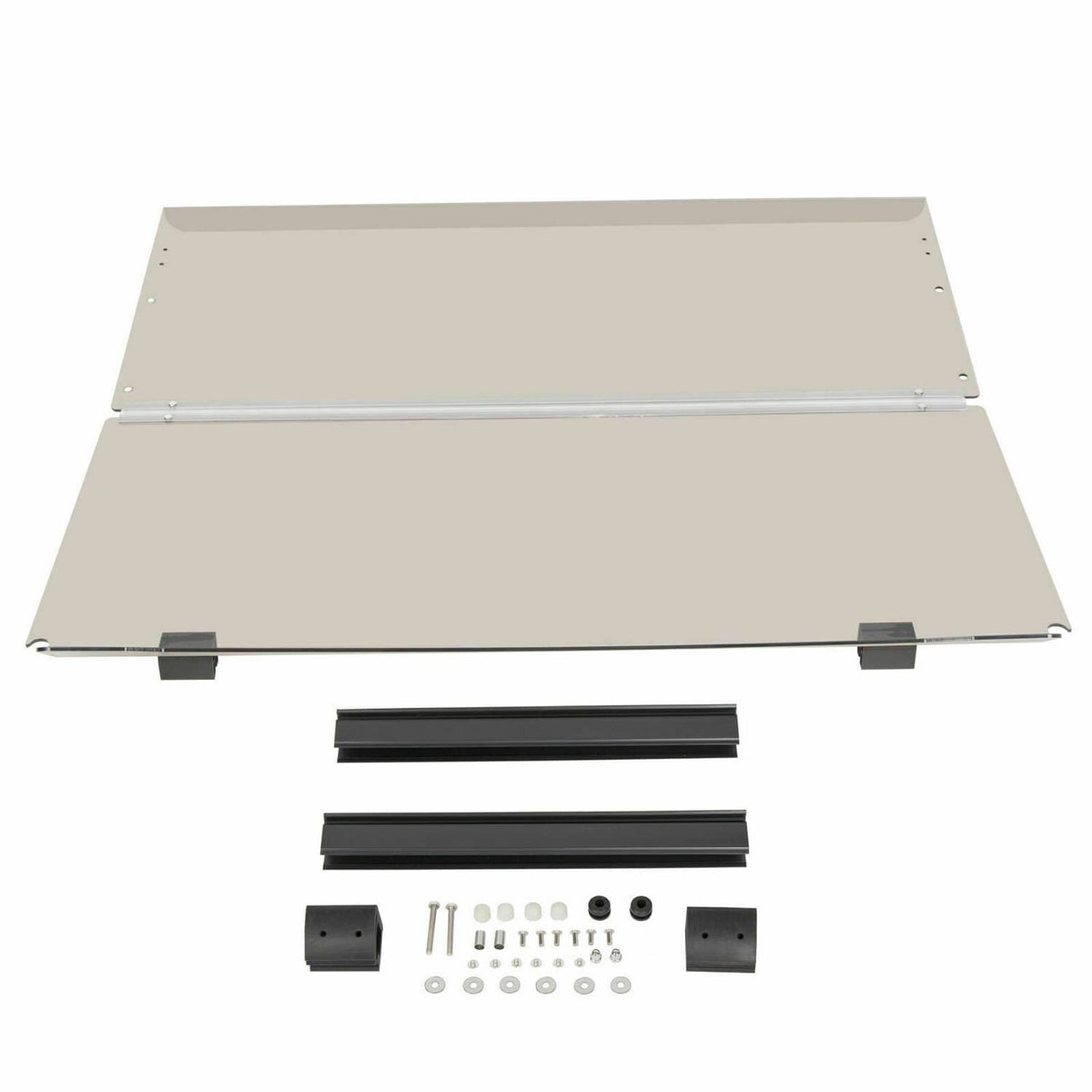 Beige tinted folding golf cart windshield panel kit with mounting brackets and hardware