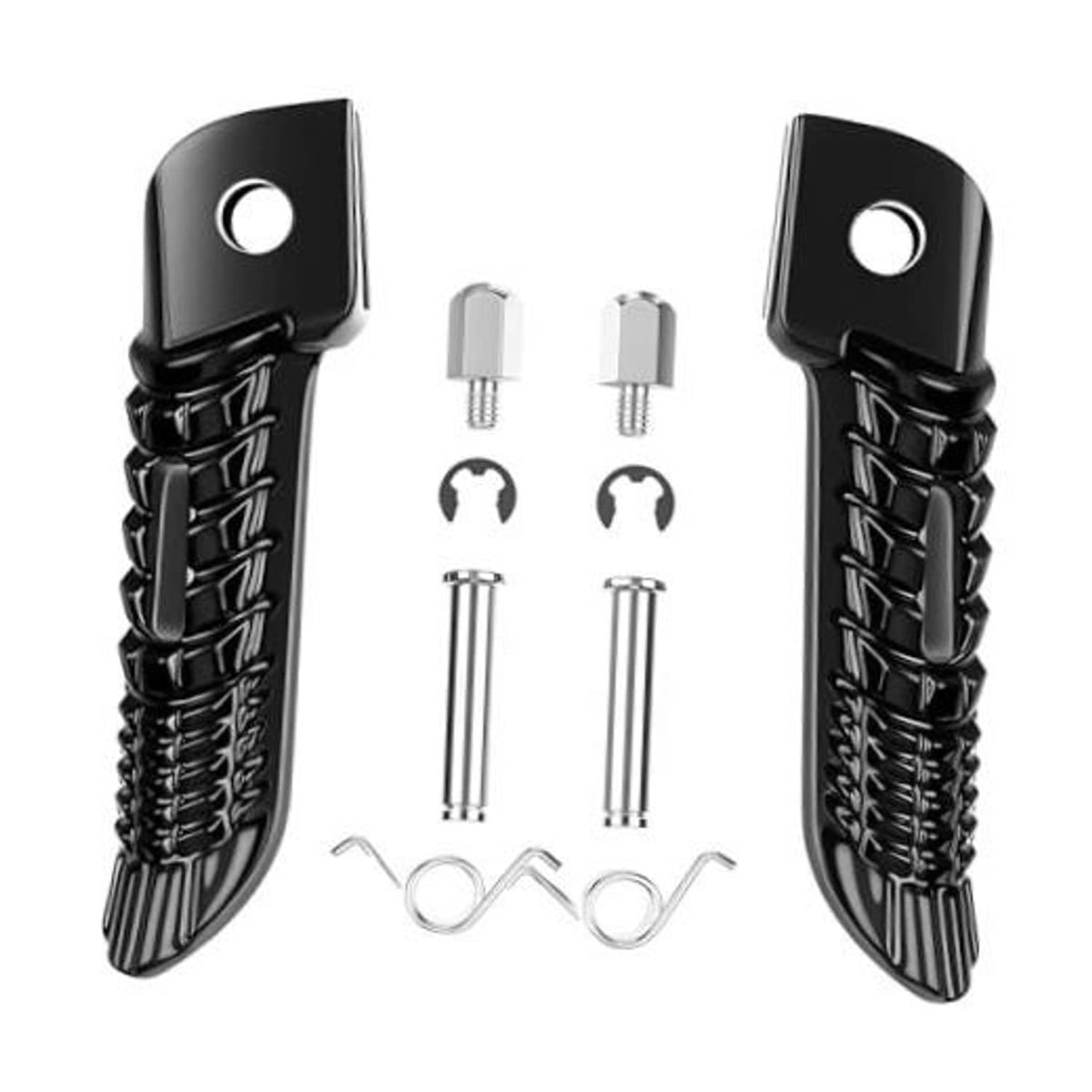 Pair of black front foot pegs with brackets, plus pins and spring clips.