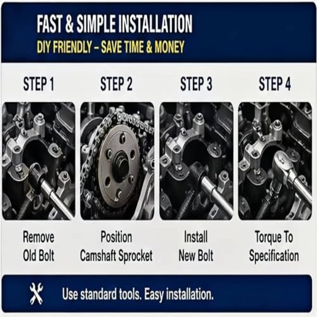 Black camshaft sprocket bolt for fast DIY installation, threaded fastener with hex head