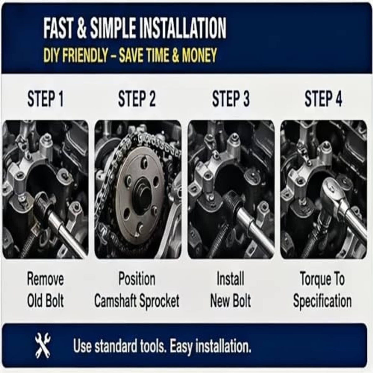 Black camshaft sprocket bolt for fast DIY installation, threaded fastener with hex head