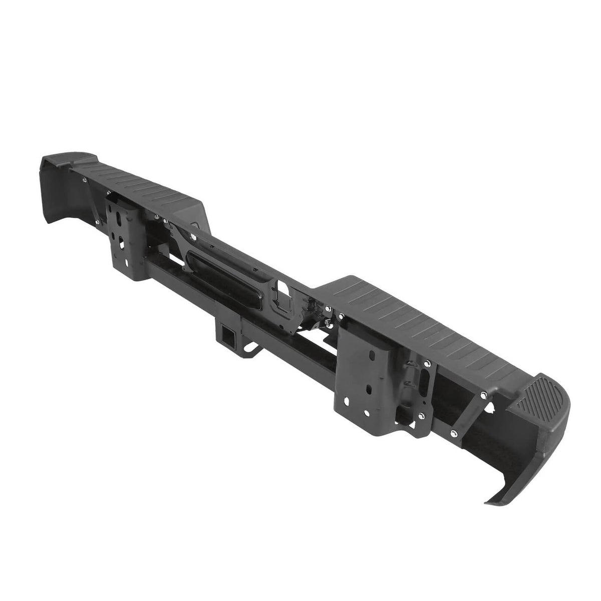 Black rear bumper mounting bracket with textured step surface and mounting holes