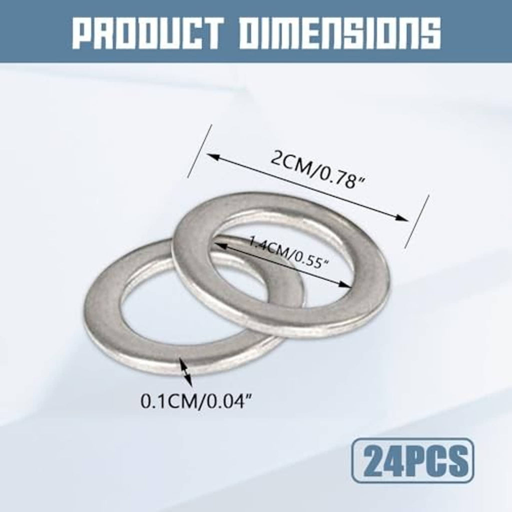 Oil drain plug crush washer pair with size markings, silver metal gasket washers