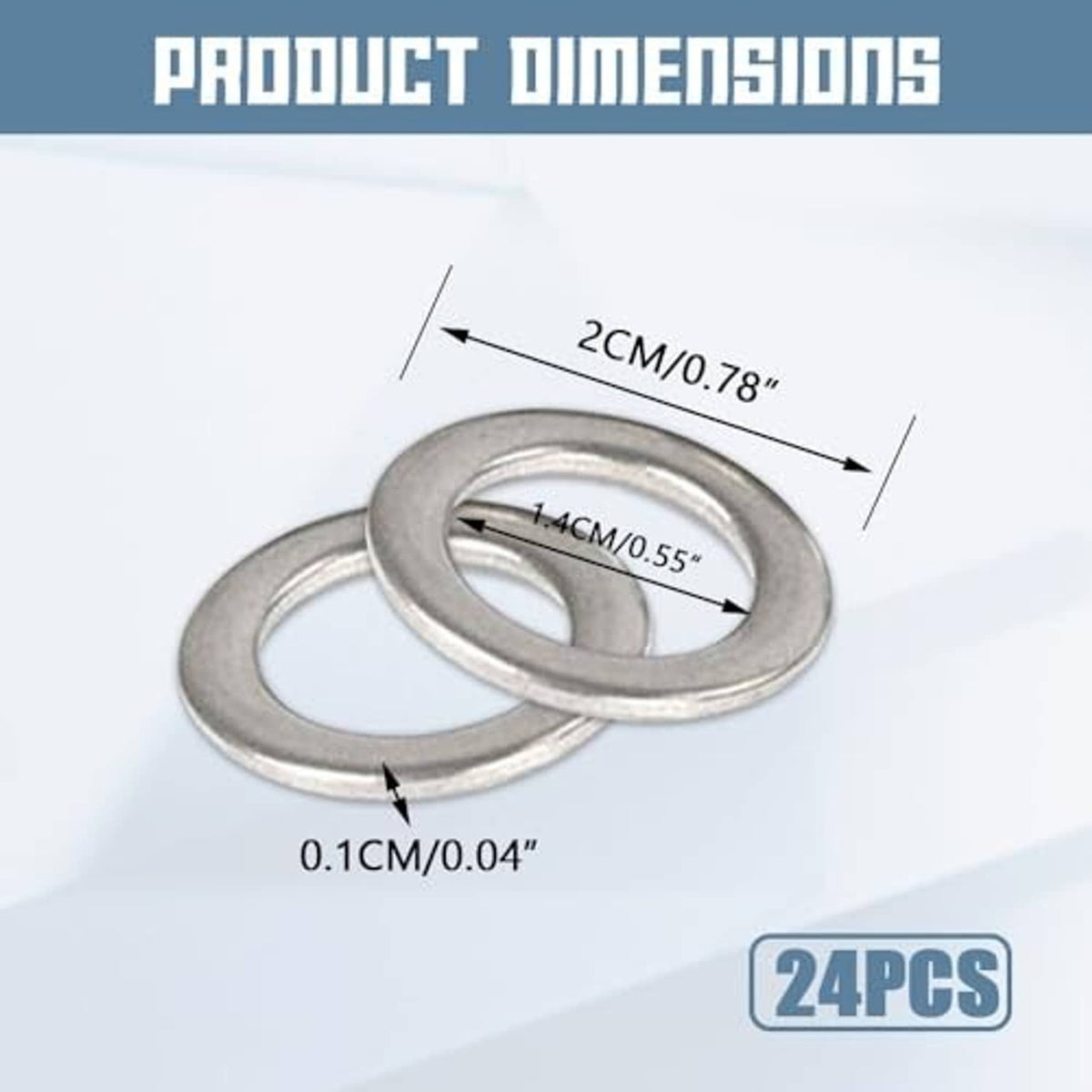 Oil drain plug crush washer pair with size markings, silver metal gasket washers