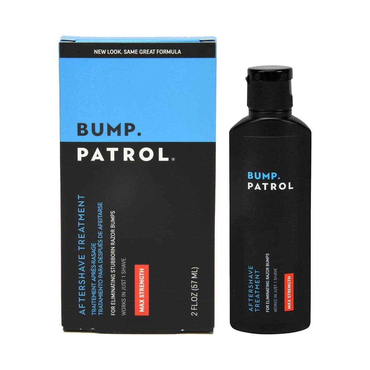 Bump Patrol aftershave treatment bottle with matching product box, black and blue