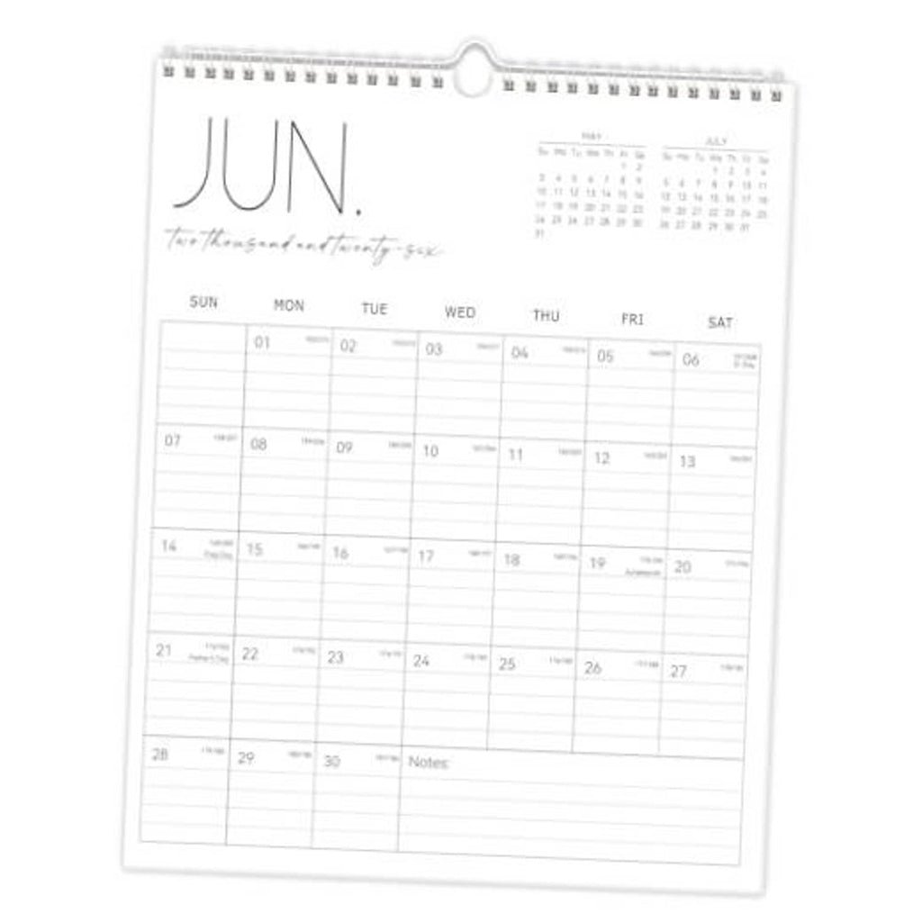 Vertical wall calendar, white monthly planner with notes grid and ring hanger at top