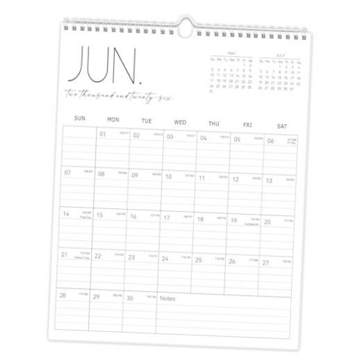 Vertical wall calendar, white monthly planner with notes grid and ring hanger at top