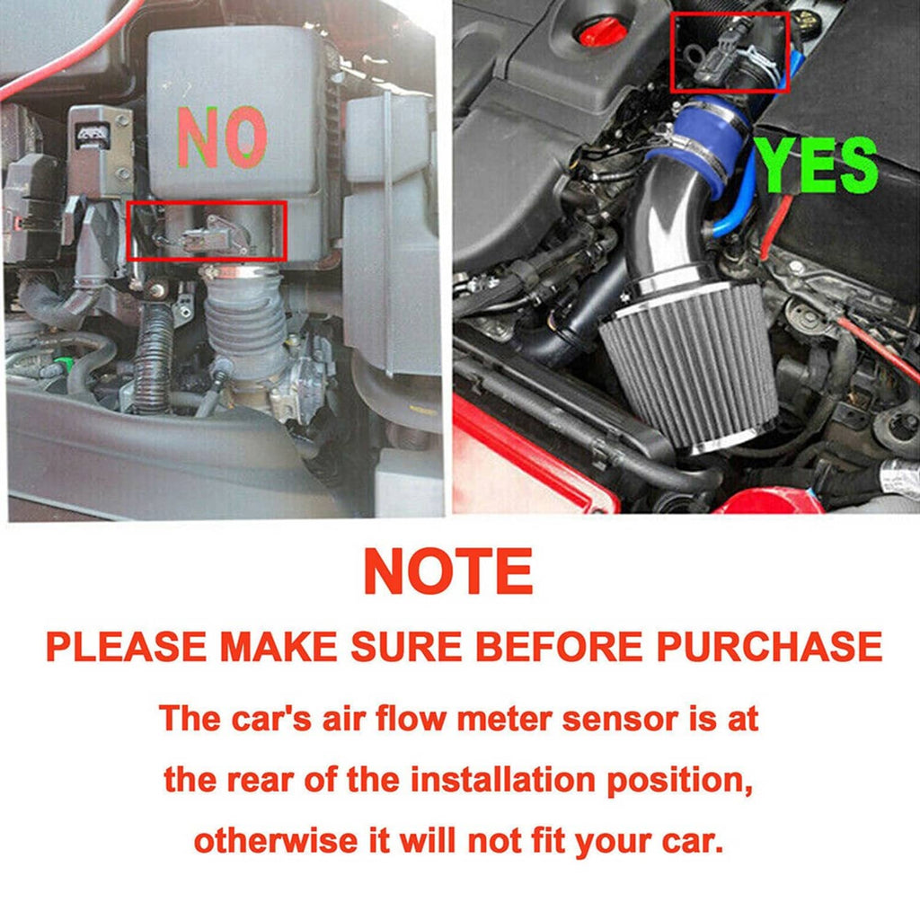 Cold air intake installation graphic with blue hose and highlighted fit area under hood
