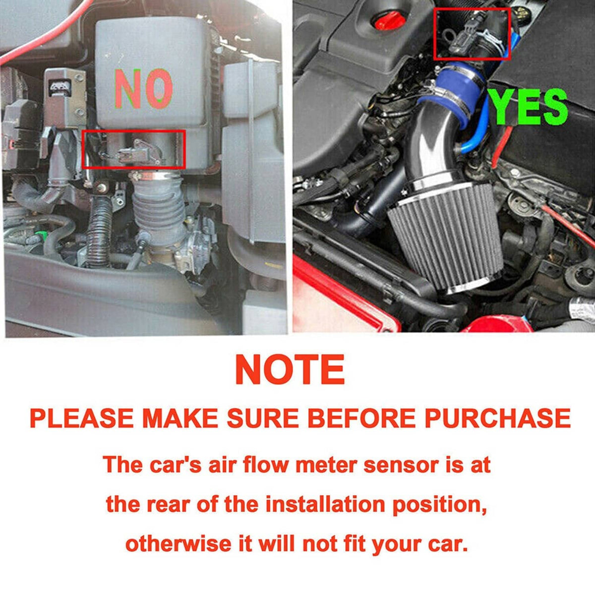 Cold air intake installation graphic with blue hose and highlighted fit area under hood