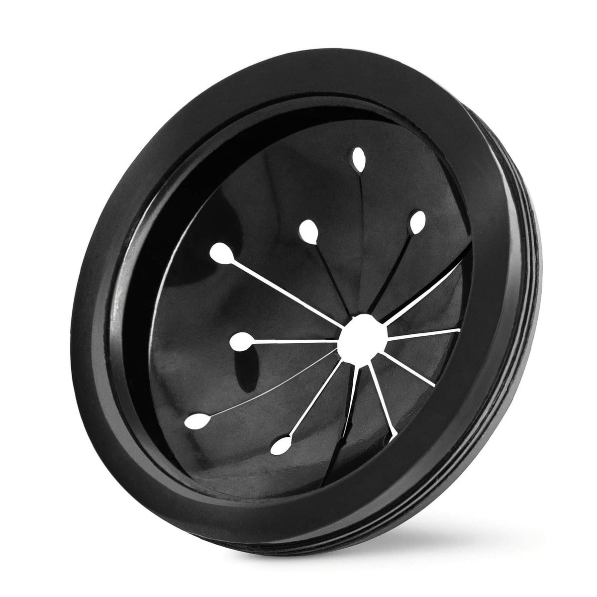 Black circular garbage disposal splash guard collar baffle with radial spokes