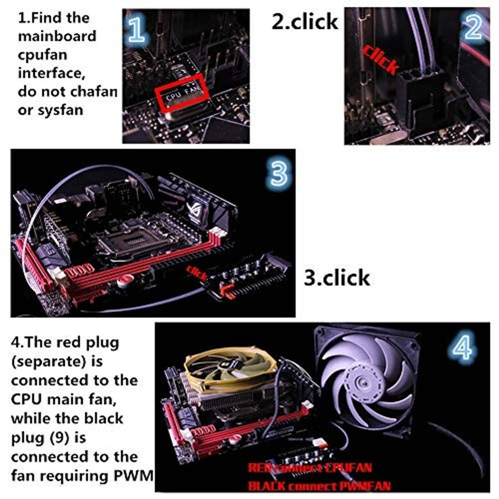 PC fan hub controller installation on a motherboard with red and black fan plugs