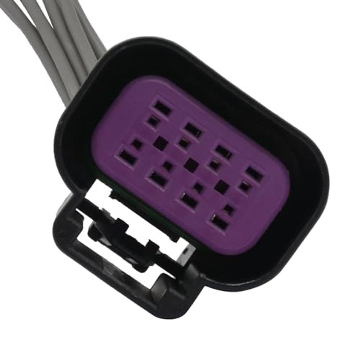 Side view of purple multi-pin connector plug with black housing and gray wire leads