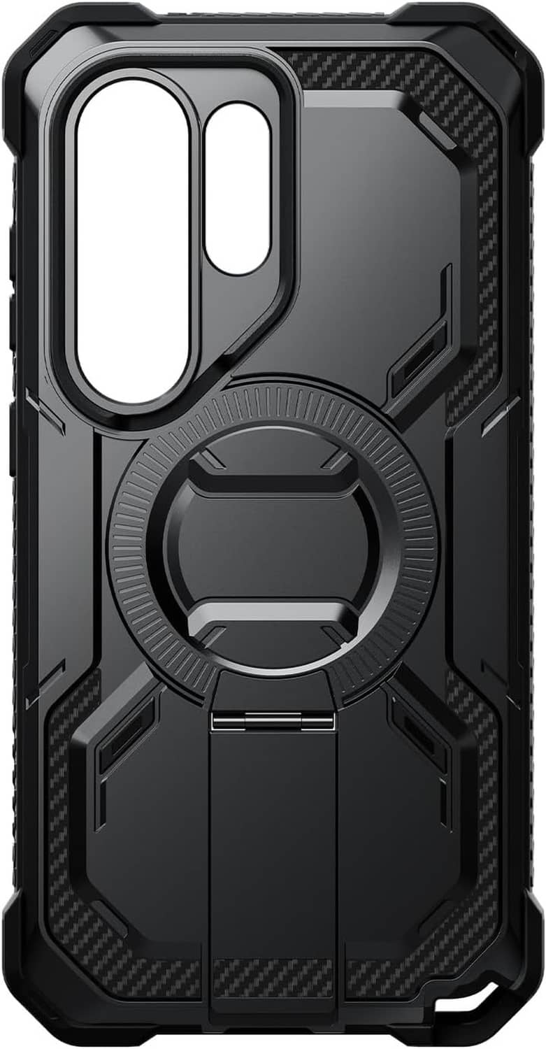 Rugged black Galaxy S26 Ultra case with circular MagSafe stand and dual camera cutout