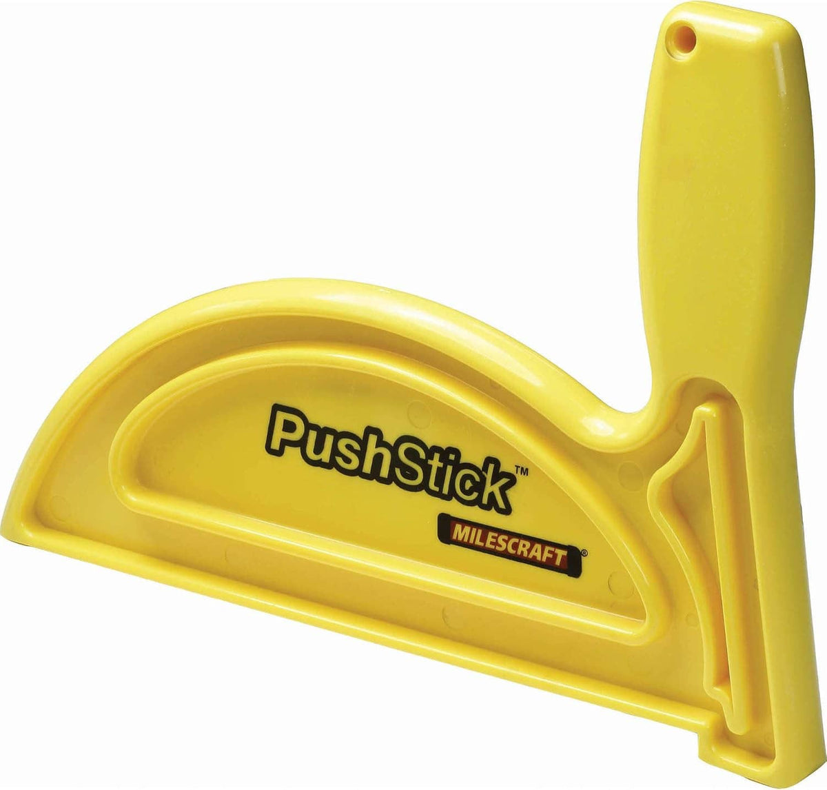 Yellow PushStick with burgundy gripping arm for table saw push control