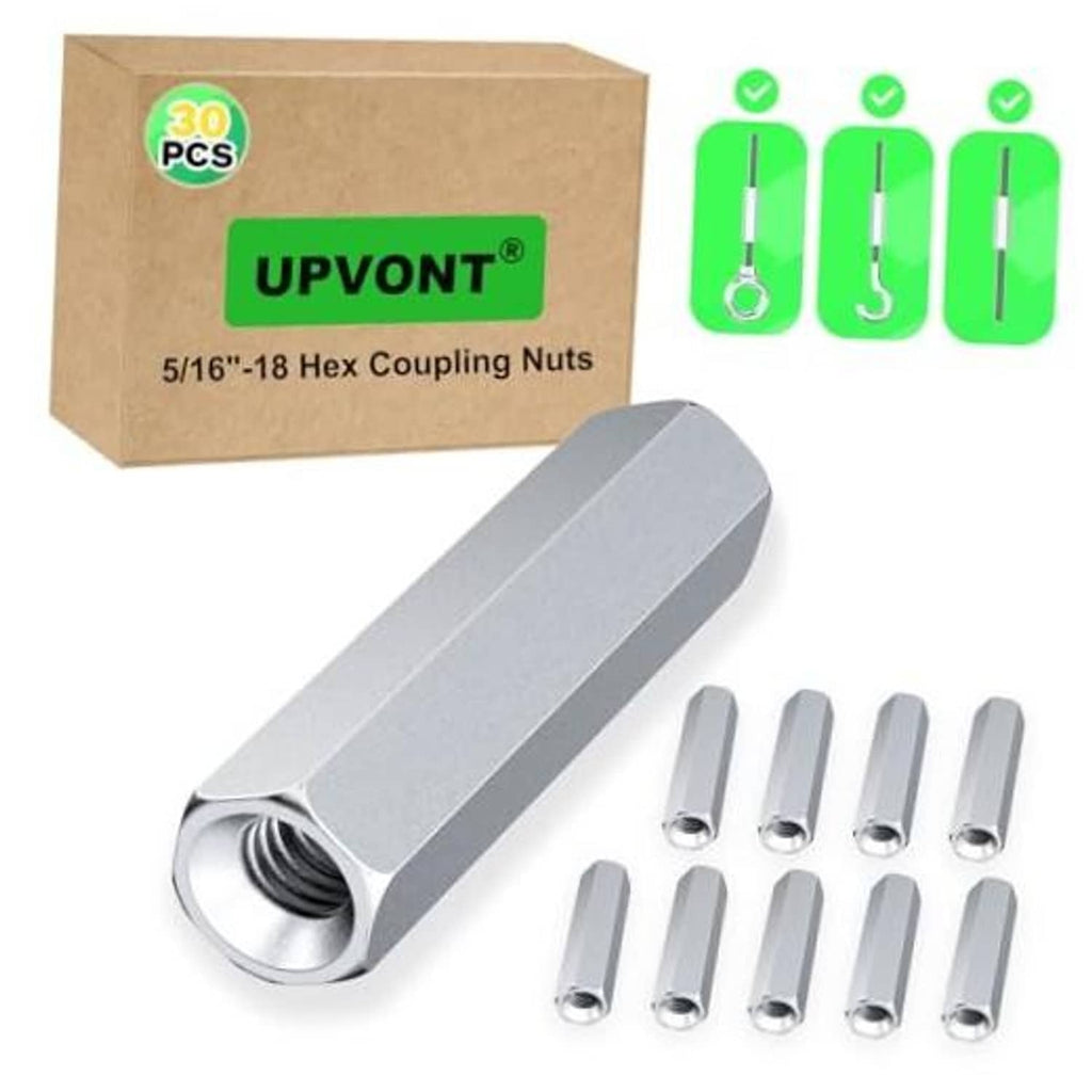 Silver hex coupling nut set with internal threads; long hex-sleeve shape