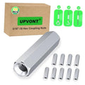 Silver hex coupling nut set with internal threads; long hex-sleeve shape