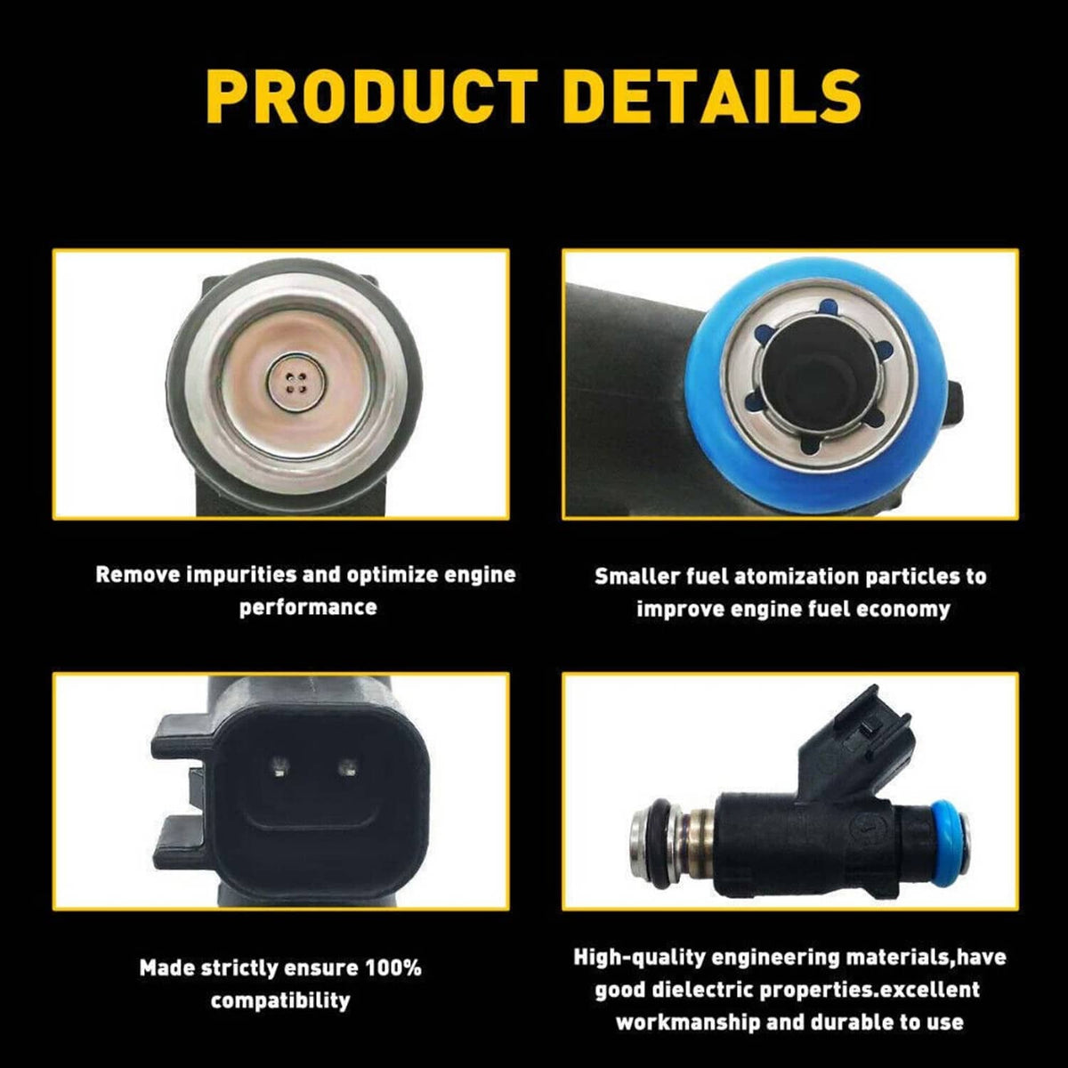 Fuel injector detail views with blue O-ring seal, nozzle port, and connector