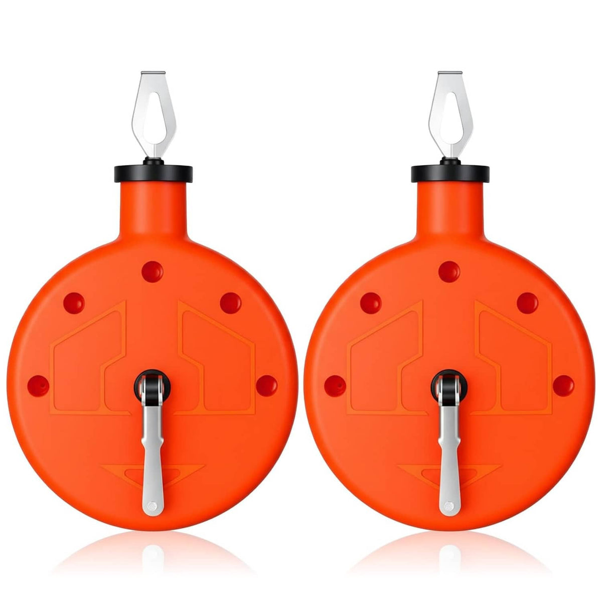Orange portable chalk line reel tool with black cap and metal crank handle