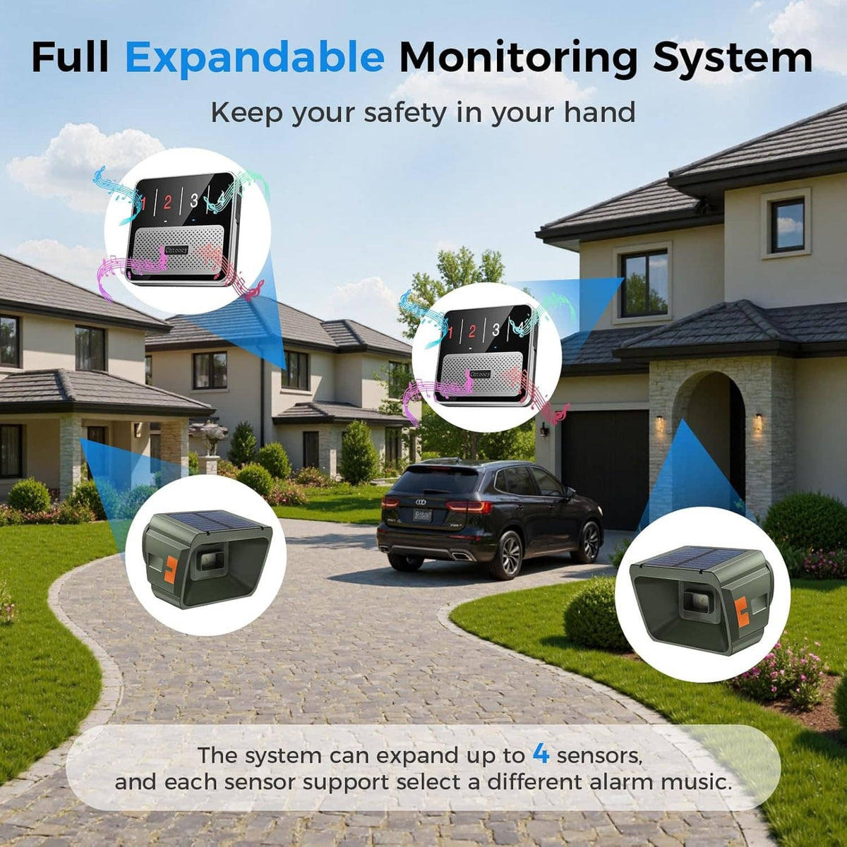 Expandable driveway alarm monitoring system with remote display and multiple sensor units
