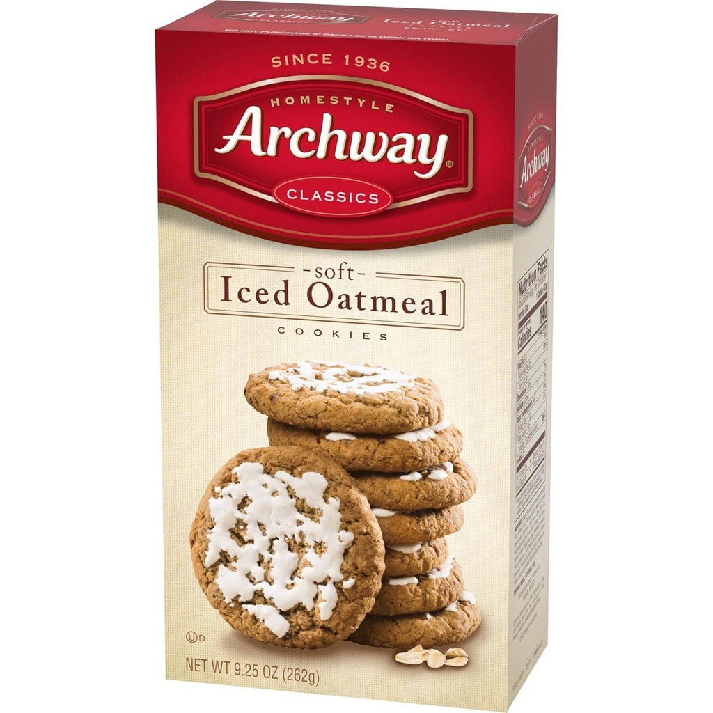 Archway soft iced oatmeal cookies box front with round cookies topped with white icing