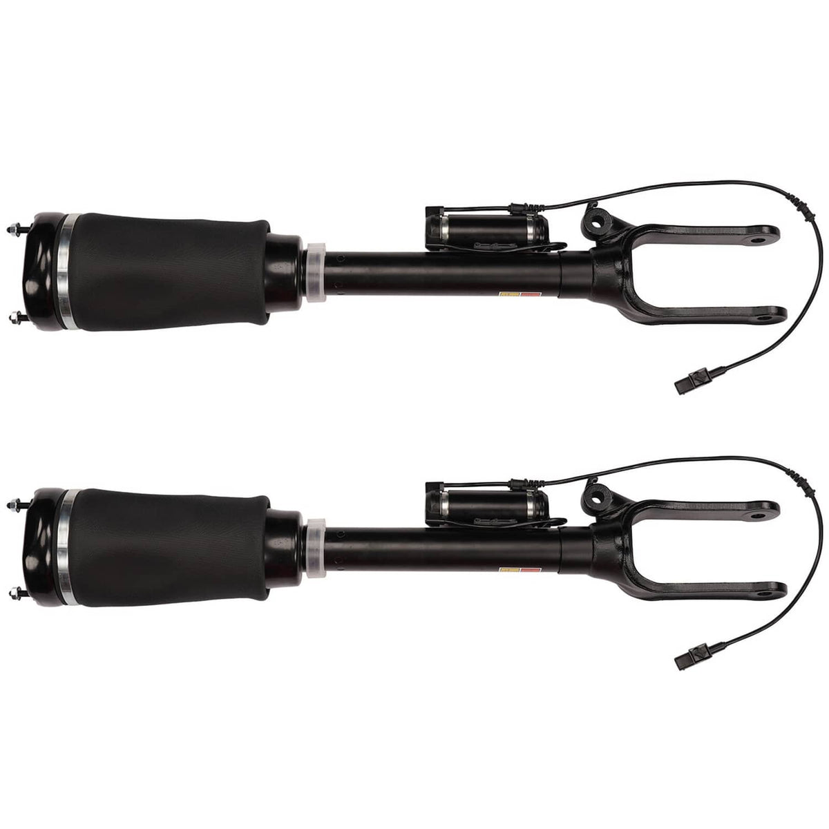 Front air suspension strut pair with black air spring bodies and fork-style mounting brackets