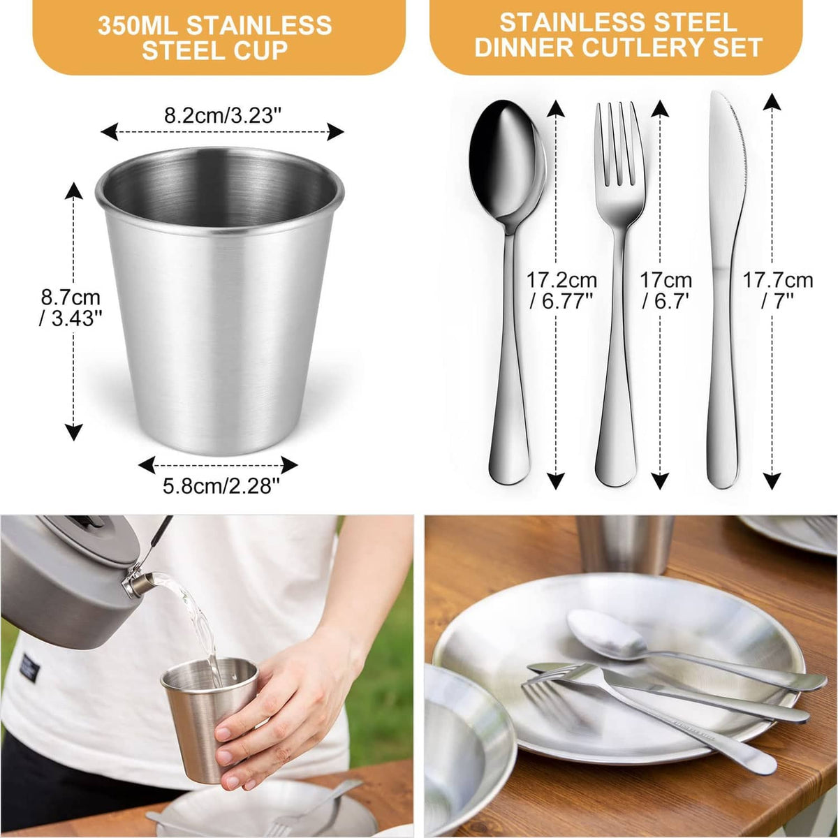 Stainless steel cup and dinner cutlery set with case for camping meals