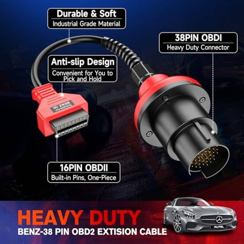 OBDII adapter cable with ribbed black cable, red 38-pin plug, gray 16-pin end, AUTEL