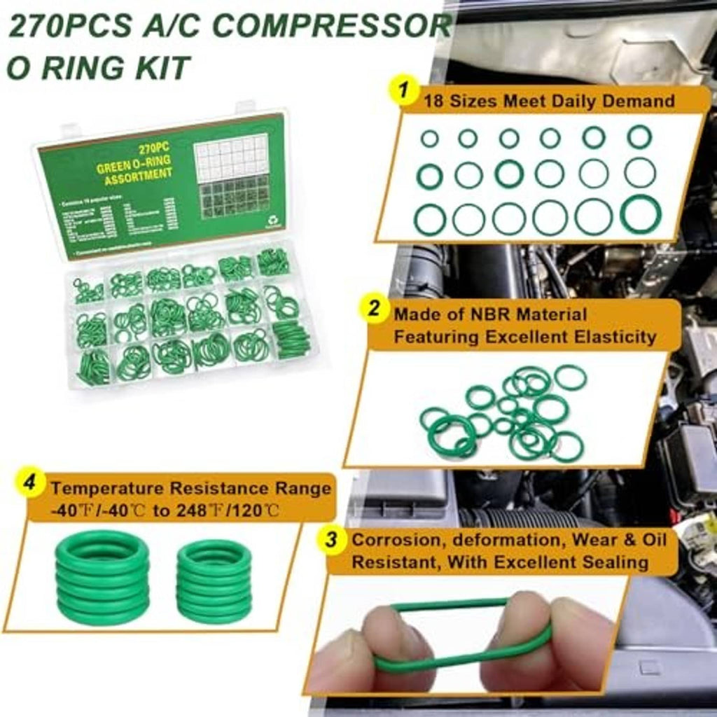 Car A/C 270-piece O-ring assortment kit with green O-rings in a clear tray