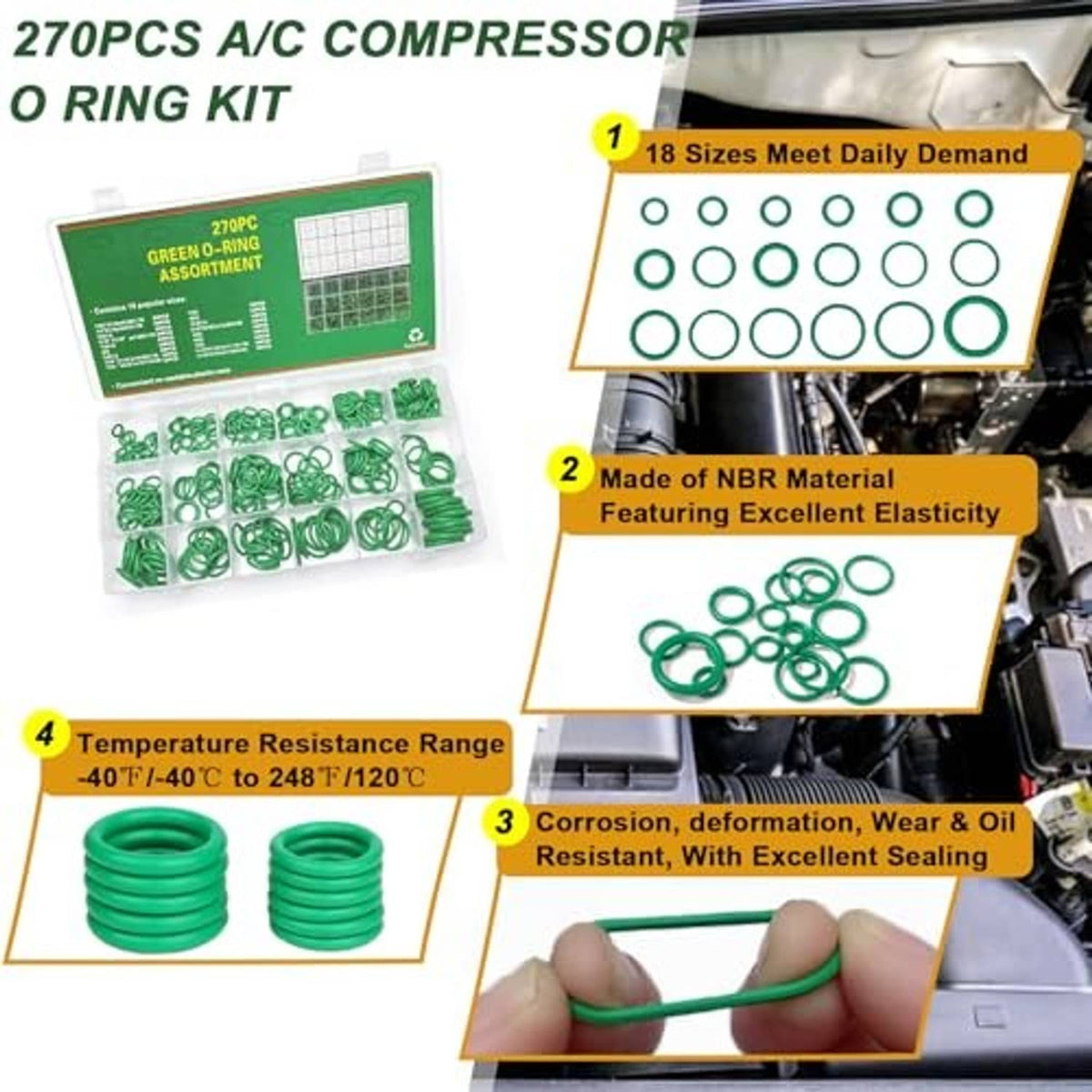 Car A/C 270-piece O-ring assortment kit with green O-rings in a clear tray