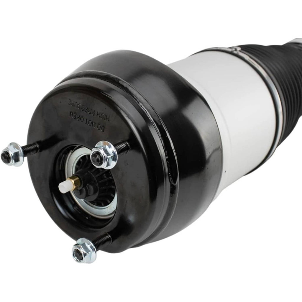 Front air suspension shock strut with white sleeve, black bellows, and mounting flange