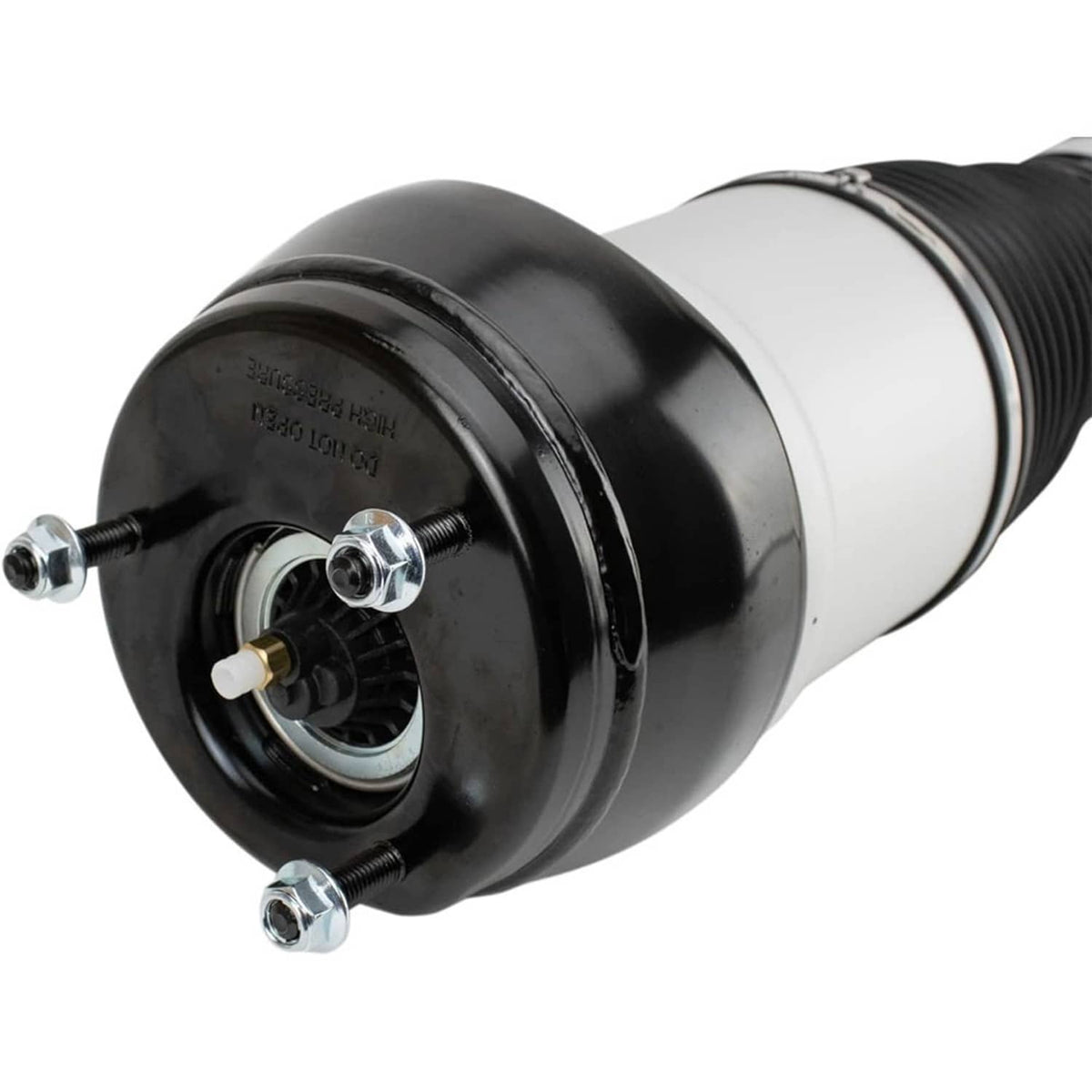 Front air suspension shock strut with white sleeve, black bellows, and mounting flange