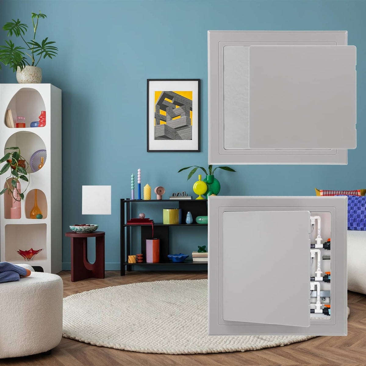 White self-adhesive access panel on wall, door open showing inner compartment