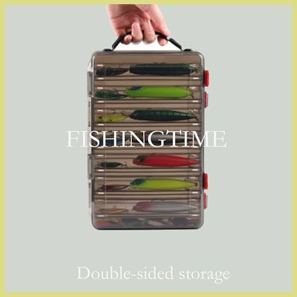 Double-sided tackle box held closed, transparent lid revealing stacked bait compartments