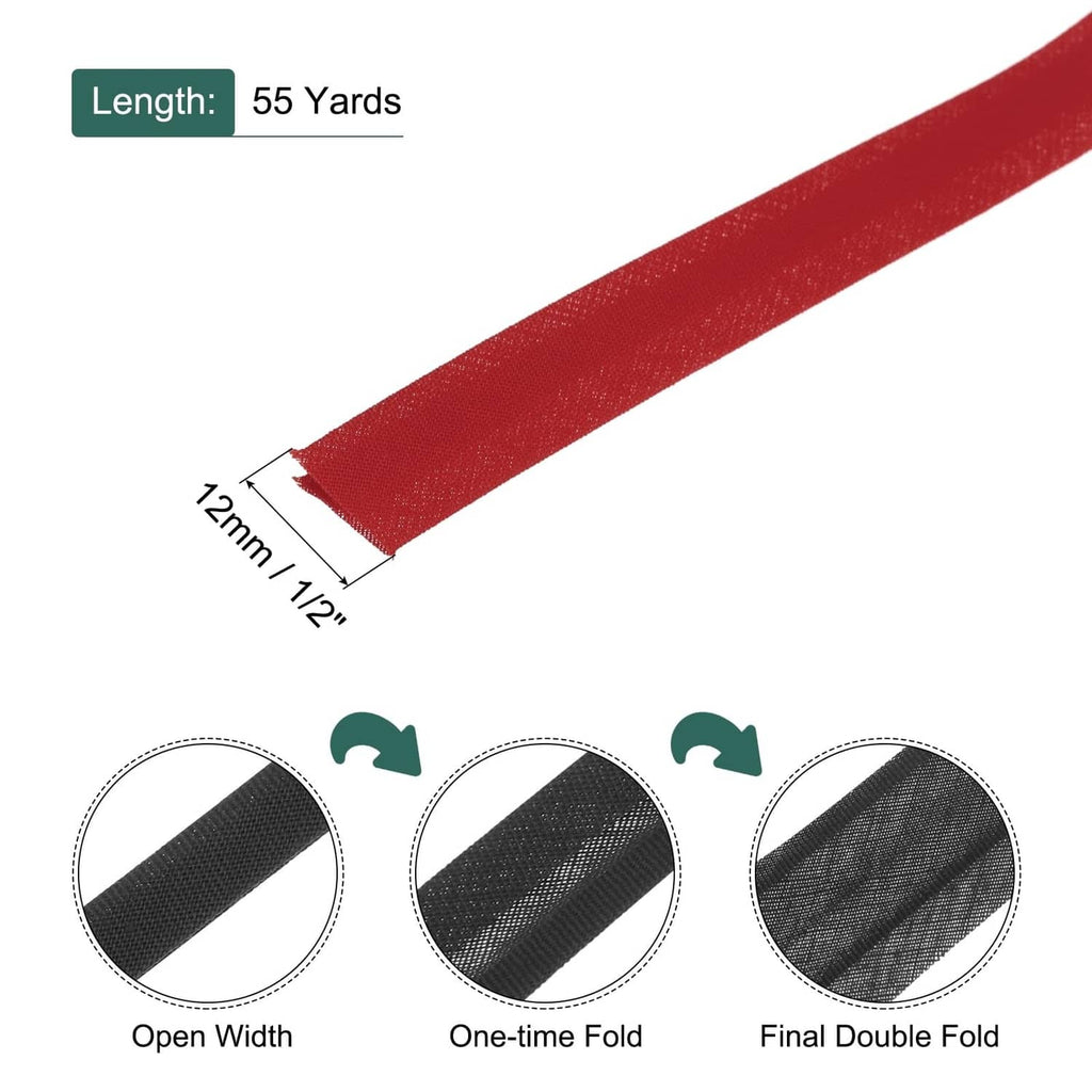 Wine red double-fold bias tape strip, about 1/2 in width, angled view