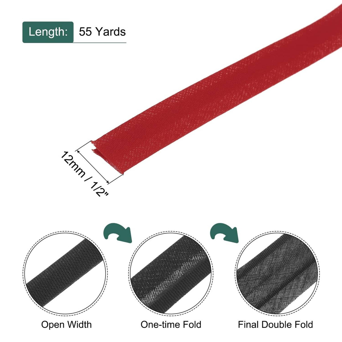 Wine red double-fold bias tape strip, about 1/2 in width, angled view