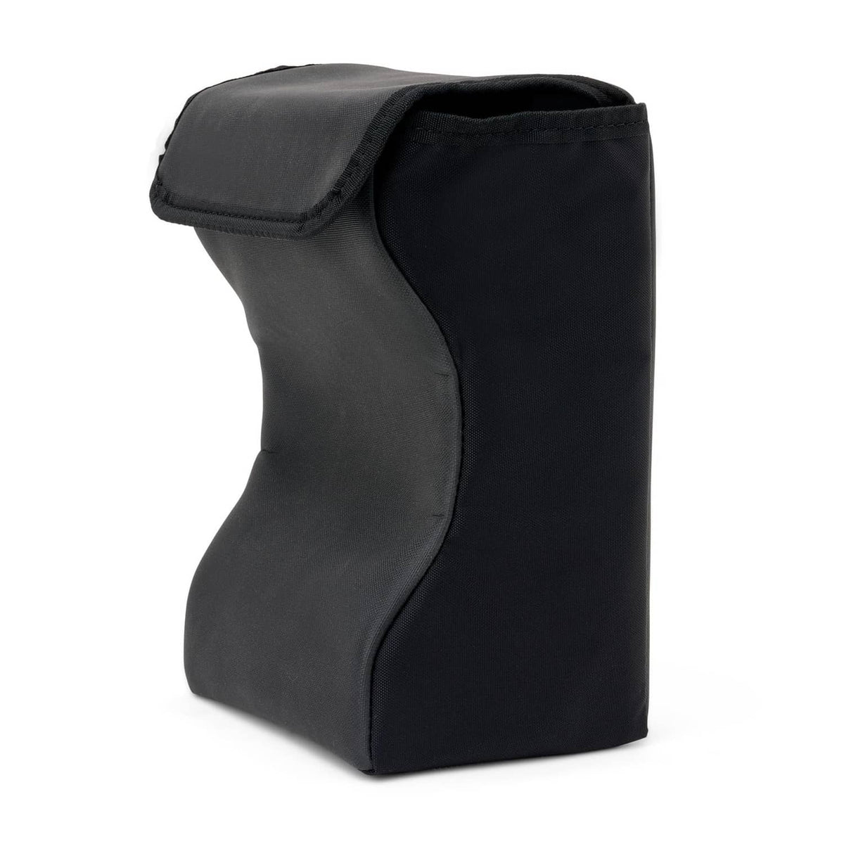 Black lap pad end view with padded side cover and curved support shape