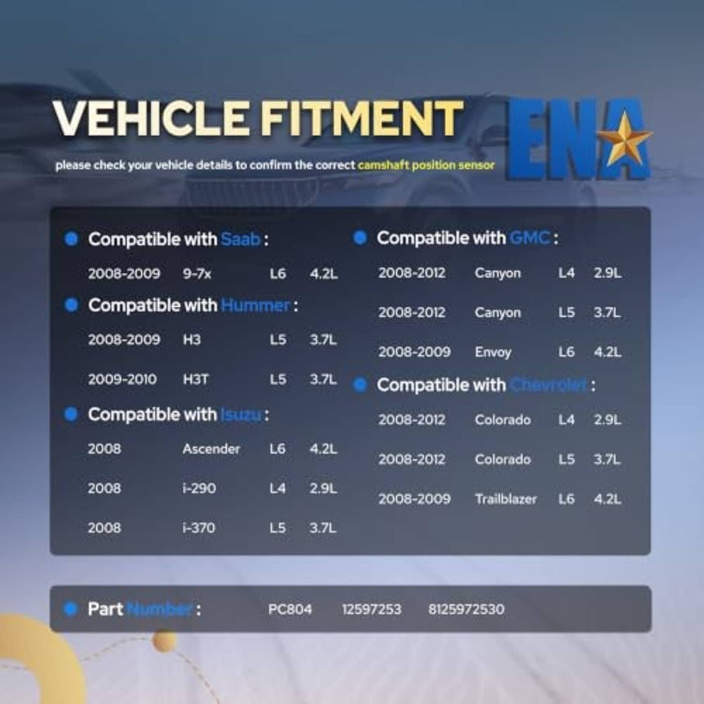 Camshaft position sensor compatibility chart with ENA logo and vehicle fitment list