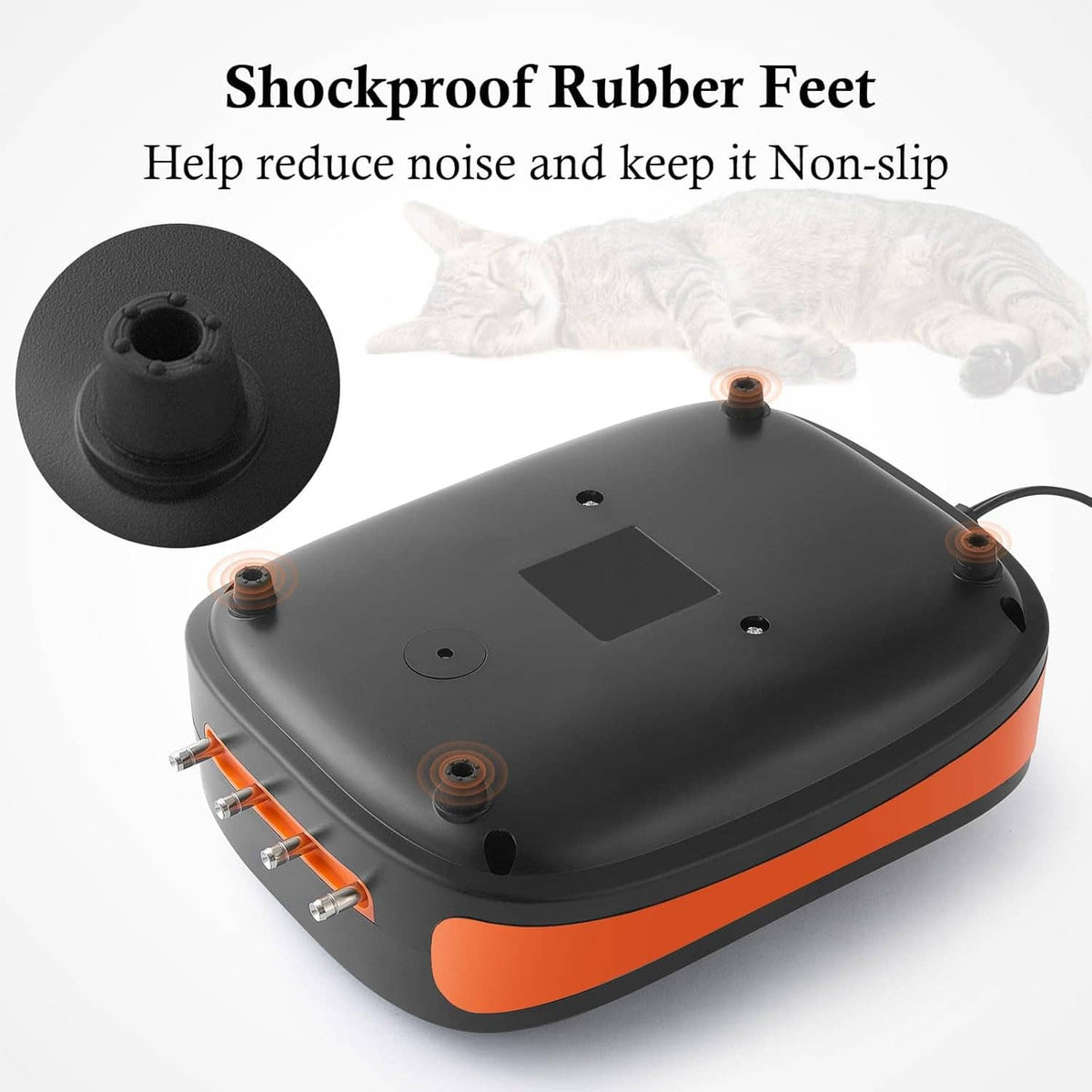 Aquarium electric air pump bottom with shockproof rubber feet, black and orange