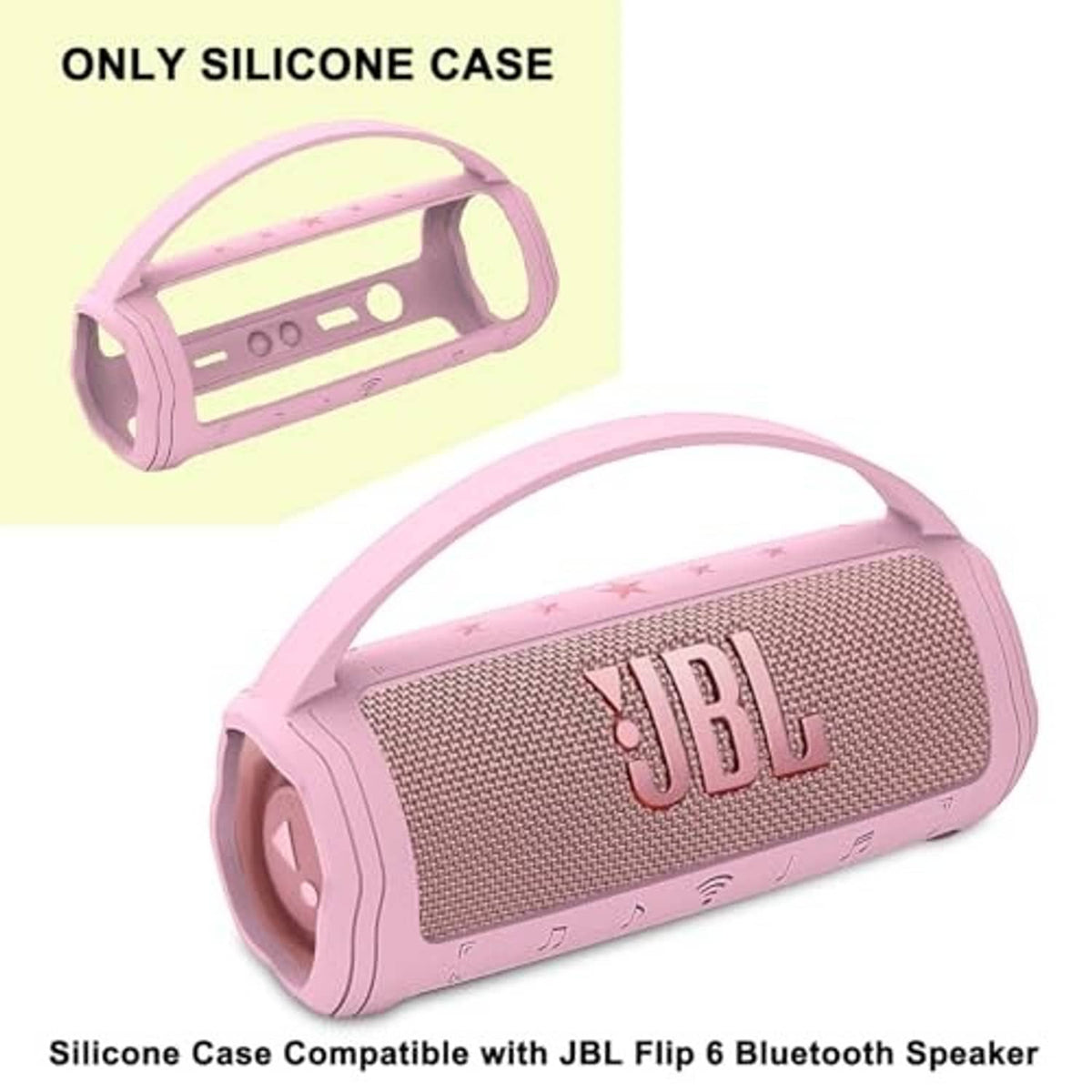 Pink JBL Flip 6 silicone case with side grip and front grille window